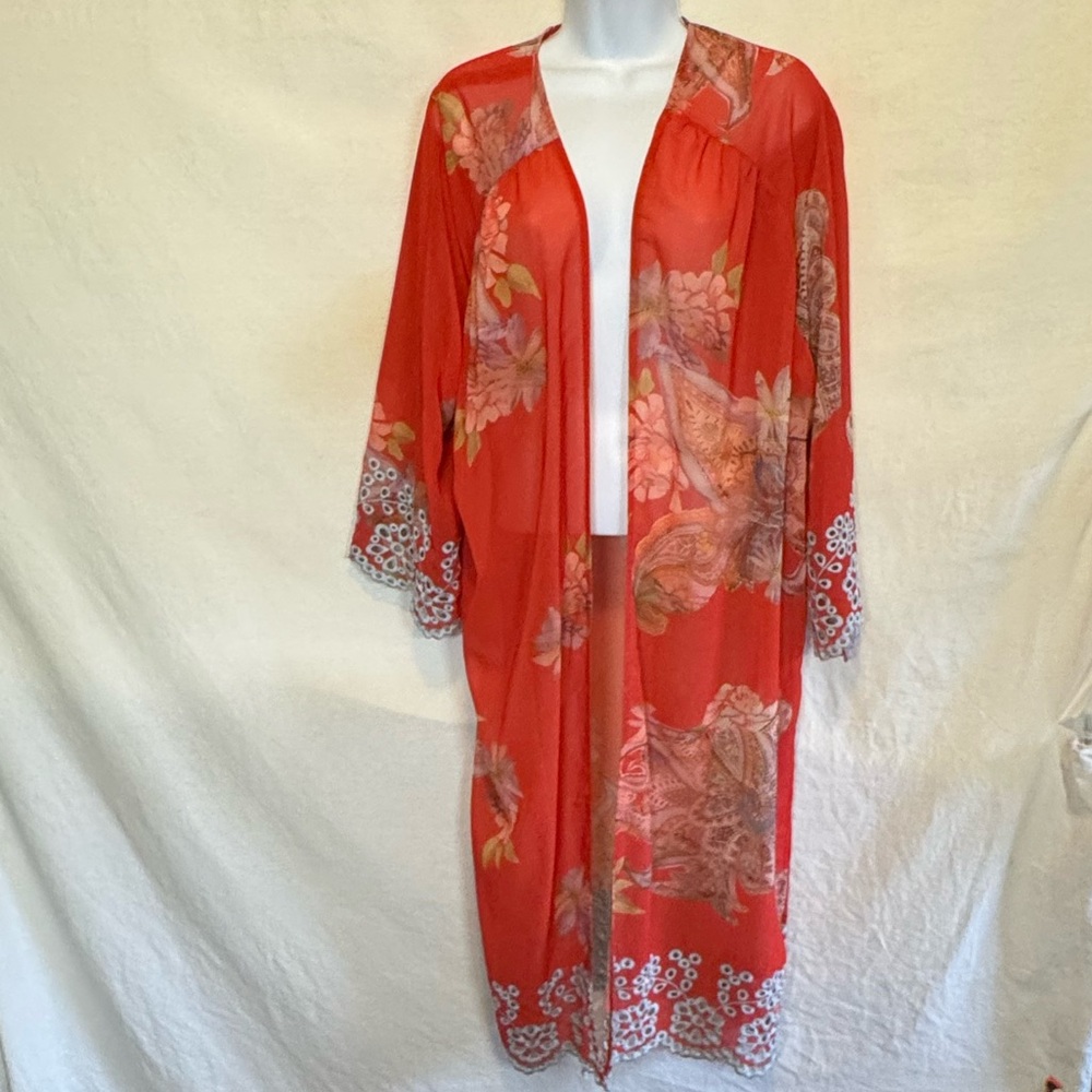 C-3 Cato NWOT Red Paisley Long Open Lace Detail Sheer Suit Jacket Size‎ L